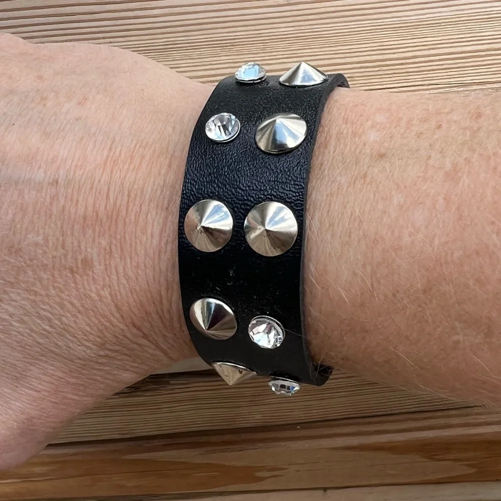 - Stud & Crystal Black Leather Cuff! NEW!